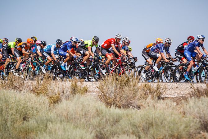 The peloton leaves Antelope Island at the start of stage 3 of the 2018 Tour of Utah