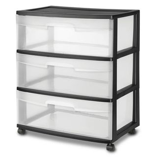 A set of Sterilite clear drawers, with 3 drawers and black wheels