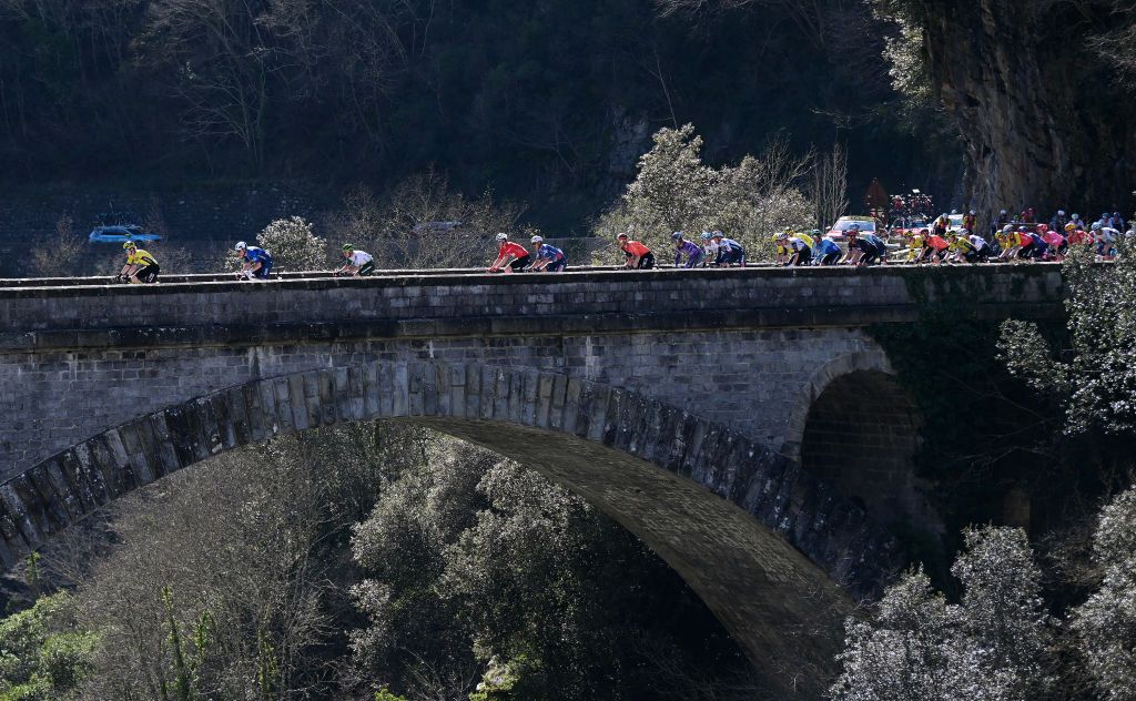 NICE FRANCE MARCH 16 A general view of the peloton competing during the 83rd Paris Nice 2025 Stage 8 a 119km stage from Nice to Nice UCIWT on March 16 2025 in Nice France Photo by Dario BelingheriGetty Images