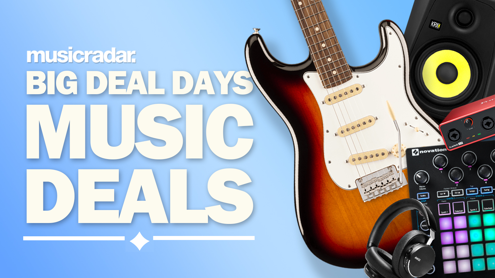 A group of music products - a guitar, some headphones, a speaker and an audio interface - on a blue background