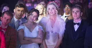 The prom gets underway. Shakil Kazemi, Bex Fowler, Louise Mitchell, Travis Law-Hughes in Eastenders.