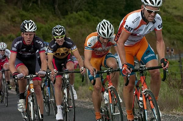 Nathan Earle (Genesys Wealth Advisers) was working hard on the climb at Gunns Plains as tour leader Cameron Peterson (second from left) of V Australia hangs on at the front of the race.