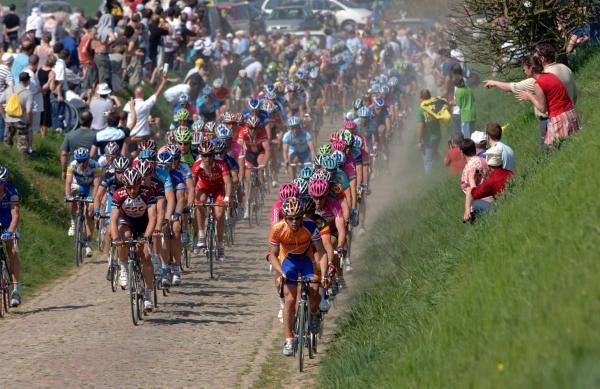 Either the central ridge or the grass verge is the place to be when Paris-Roubaix is dry