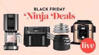 Ninja Black Friday deals. graphic with products superimposed and a 'live' badge