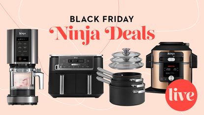 Ninja Black Friday deals. graphic with products superimposed and a 'live' badge