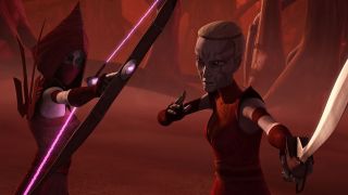 Computer animated image of two Witches of Dathomir from Star Wars (two women wearing red, one holding a bow and arrow and the other a sword, both ready to fight).