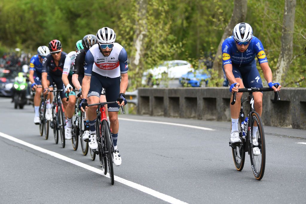 ONDARROA SPAIN APRIL 09 Julien Bernard of France and Team Trek Segafredo Josef Cerny of Czech Republic and Team Deceuninck QuickStep during the 60th ItzuliaVuelta Ciclista Pais Vasco 2021 Stage 5 a 1602km stage from Hondarribia to Ondarroa Breakaway itzulia ehitzulia on April 09 2021 in Ondarroa Spain Photo by David RamosGetty Images