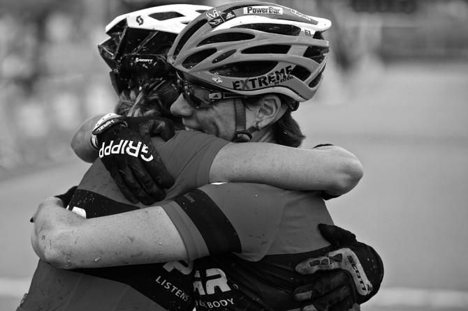 Sandra Santanyes and Claudia Galicia congratulate each other after the finish