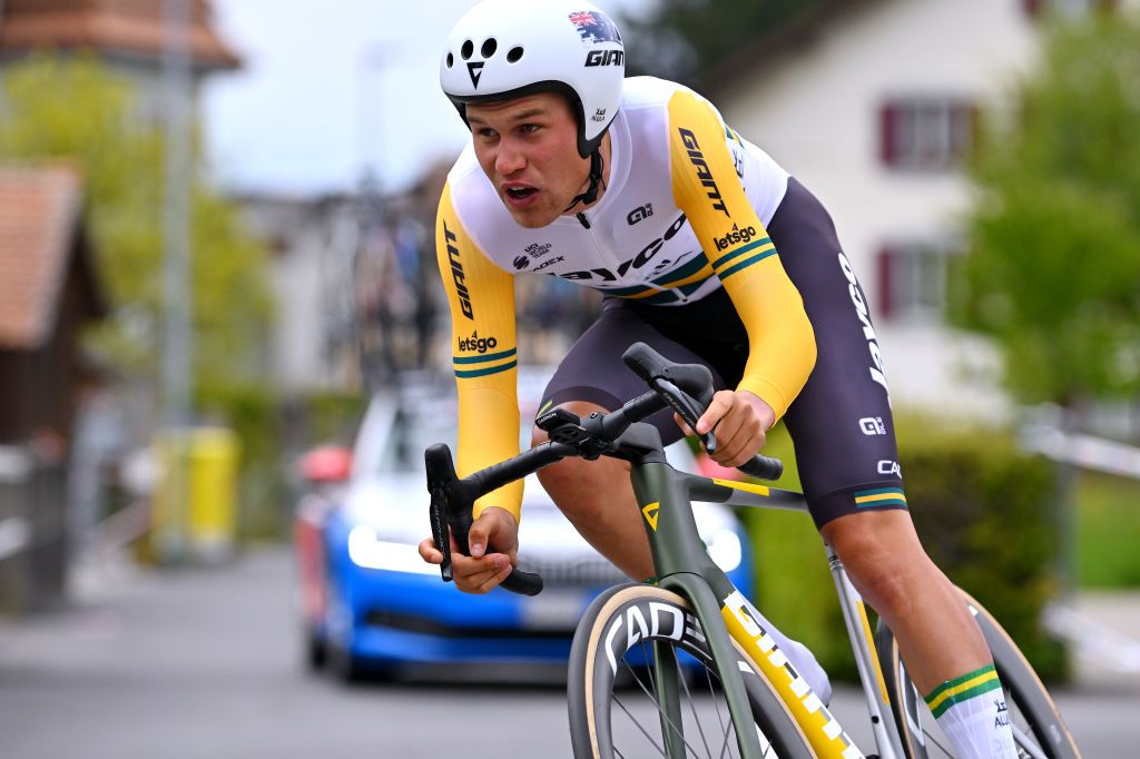 PAYERNE SWITZERLAND APRIL 23 Luke Plapp of Australia and Team Jayco AlUla sprints during the 77th Tour De Romandie 2024 Prologue a 228km individual time trial stage from Payerne to Payerne UCIWT on April 23 2024 in Payerne Switzerland Photo by Luc ClaessenGetty Images