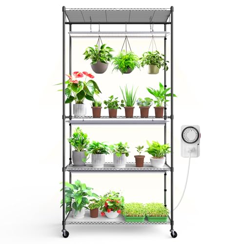 Barrina Cx3 Plant Stand With Grow Light, 4-Tier, 3ft 5000k, 108w Full Spectrum Indoor Diy Plant Shelf With Lights, Flower Pot Display Rack, Greenhouse, Wheel, Mechanical Timer, 35.4"x13.8"x70.9"