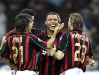 Ronaldo of AC Milan (C) celebrates during the Serie A 2006/2007 33th round match between Milan and Cagliari played at the "Giuseppe Meazza" in Milan.