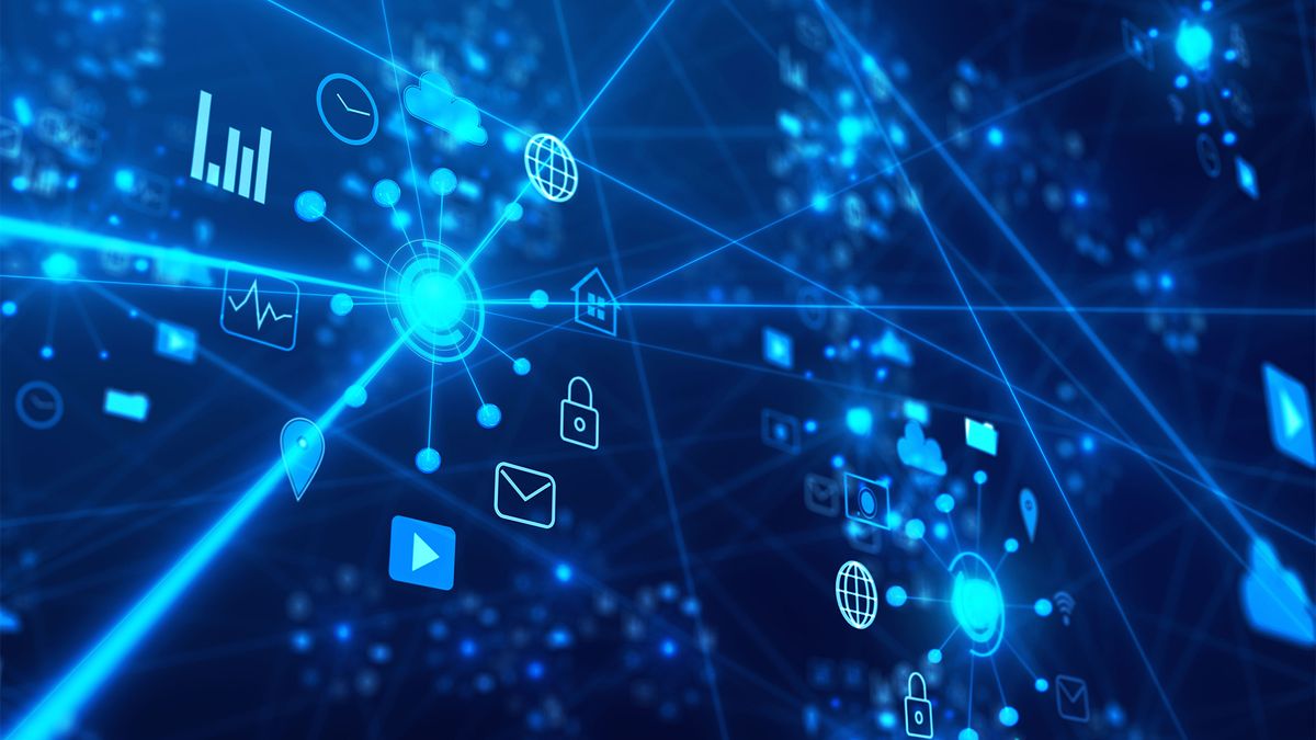 IoT Security concept image showing interconnected devices linking on a digital interface.