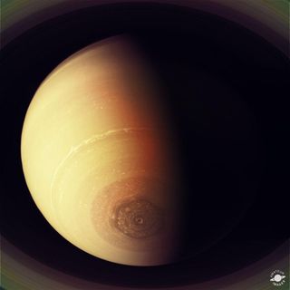 This photo of Saturn's hexagonal polar storm was taken by NASA's Cassini spacecraft on Jan. 26, 2014, and was color-enhanced by a citizen scientist.