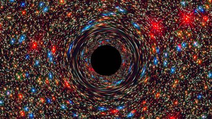 This computer-simulated image shows a supermassive black hole at the core of a galaxy. The black region in the center represents the black hole&rsquo;s event horizon, where no light can escape the massive object&rsquo;s gravitational grip. The black hole&rsquo;s powerful gravity distorts space around it like a funhouse mirror. Light from background stars is stretched and smeared as the stars skim by the black hole.