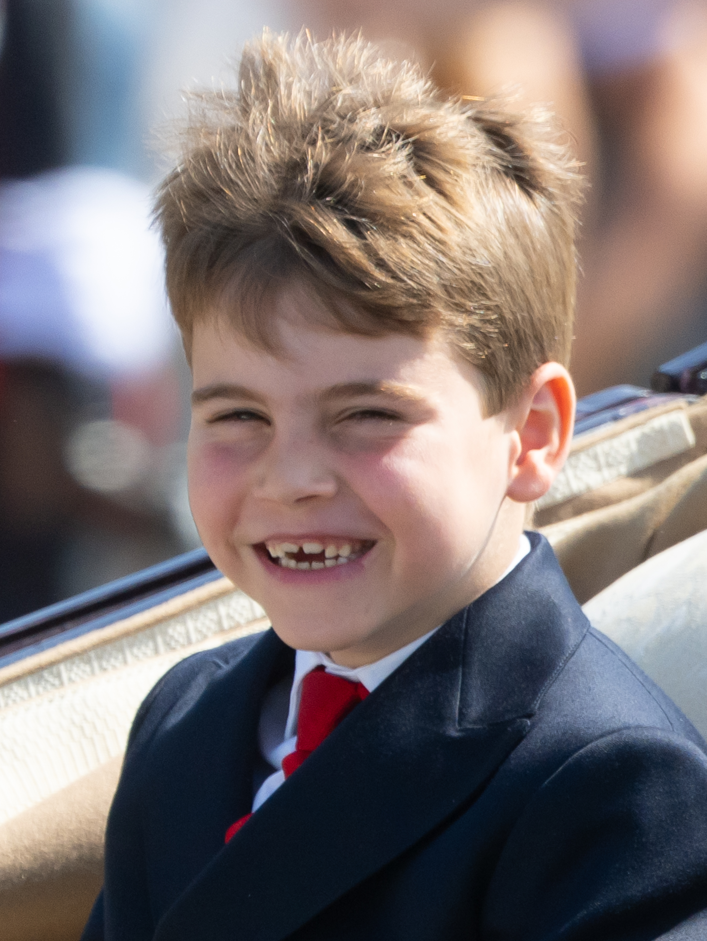 Prince Louis and Prince George laughing in the carriage as they arrive at Trooping the Colour 2025