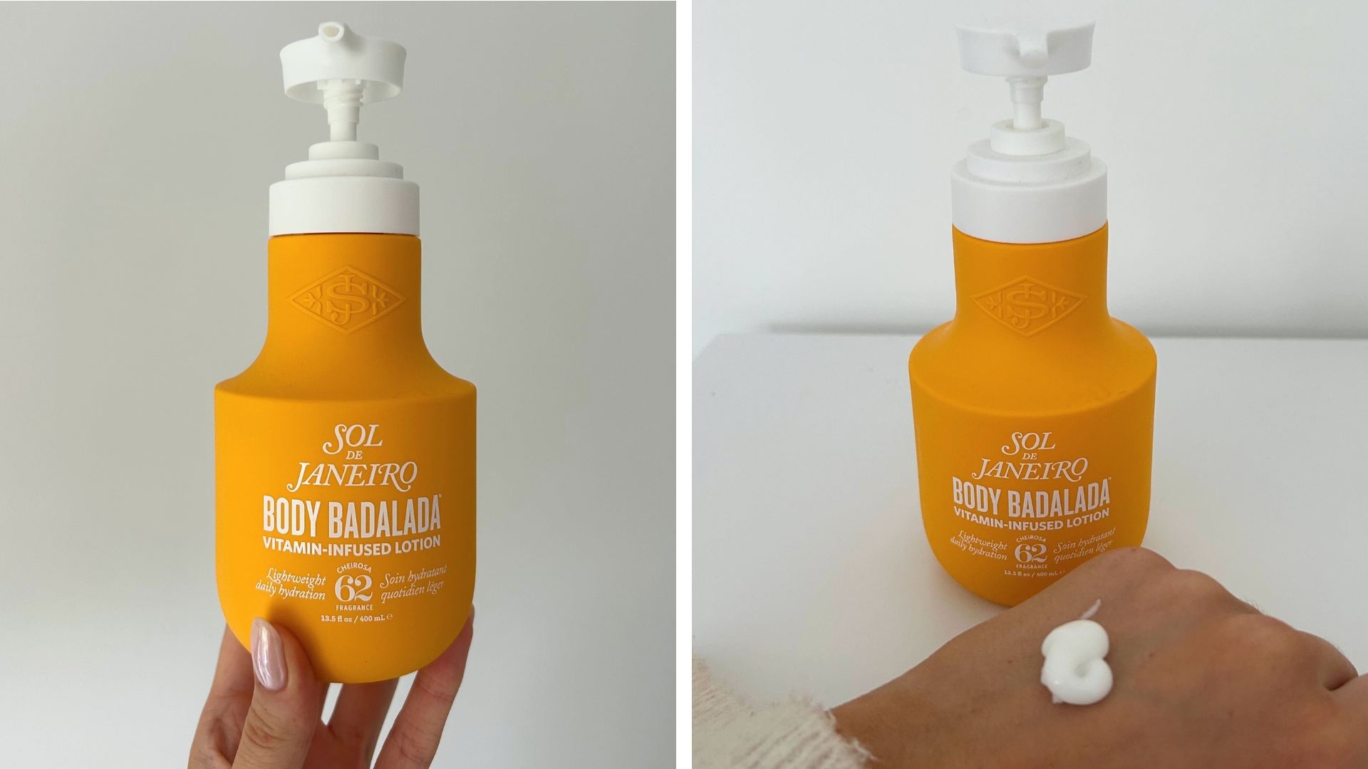 Collage of photos showing a hand holding Sol De Janeiro's Badalada Body Lotion on the left and swatch of the body lotion on the back of a hand on the right