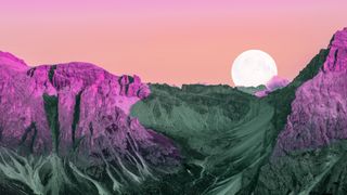 New Moon May 2023: Dreamy colorful picture of the Dolomites mountains with vivid colors and full moon.