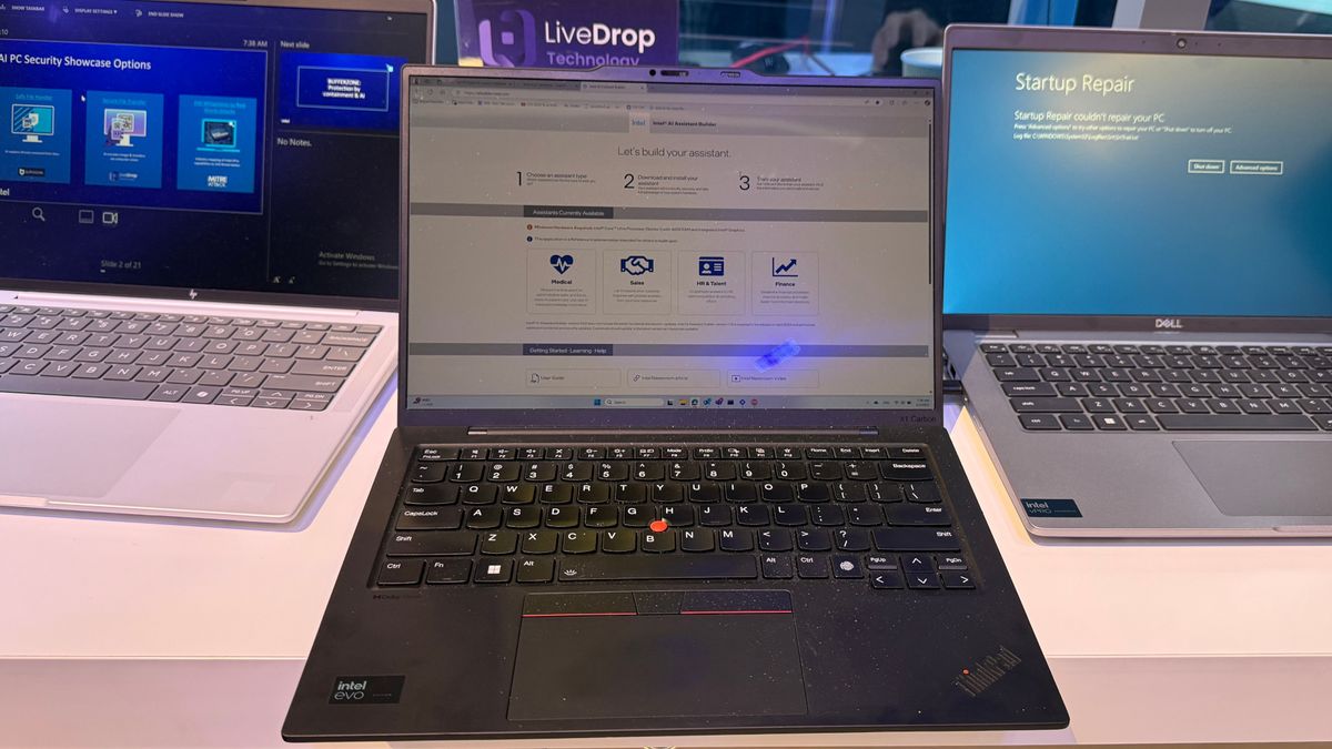 Intel&#039;s AI Assistant Builder website running on a Lenovo ThinkPad laptop at MWC 2025, Barcelona, Spain.