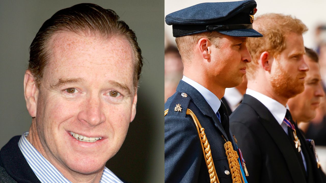 A headshot of James Hewitt wearing a striped shirt and smiling next to a photo of Prince William and Prince Harry standing next to each other looking solemn at Queen Elizabeth&#039;s funeral