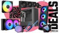 A collection of PC cases, fans, AIOs and coolers on a pink and white background with "deals" text running down the right hand side
