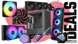 A collection of PC cases, fans, AIOs and coolers on a pink and white background with "deals" text running down the right hand side
