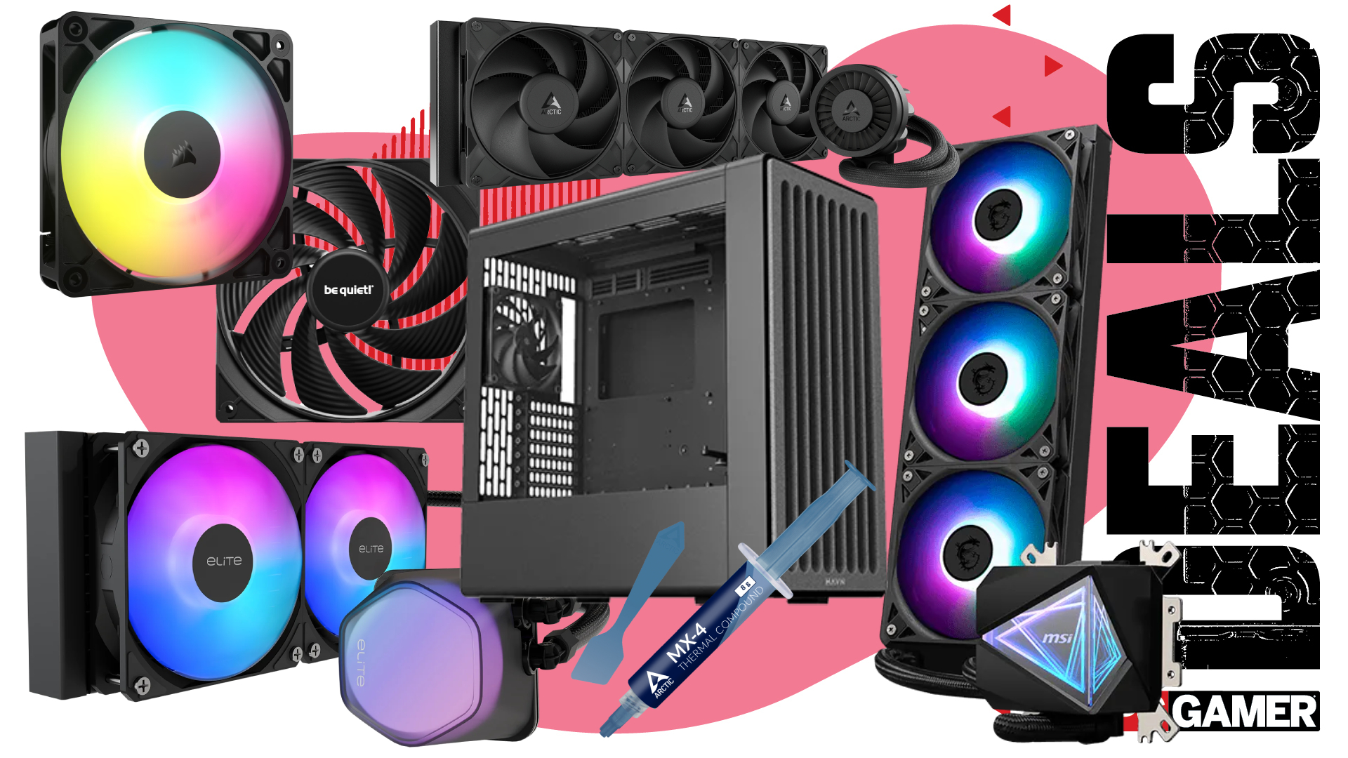 A collection of PC cases, fans, AIOs and coolers on a pink and white background with "deals" text running down the right hand side