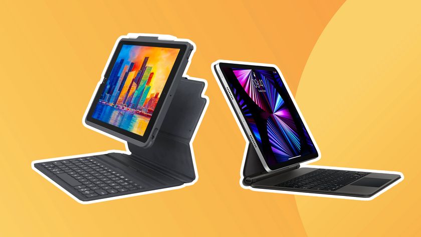 A product shot of a few of the best iPad keyboards on a yellow background