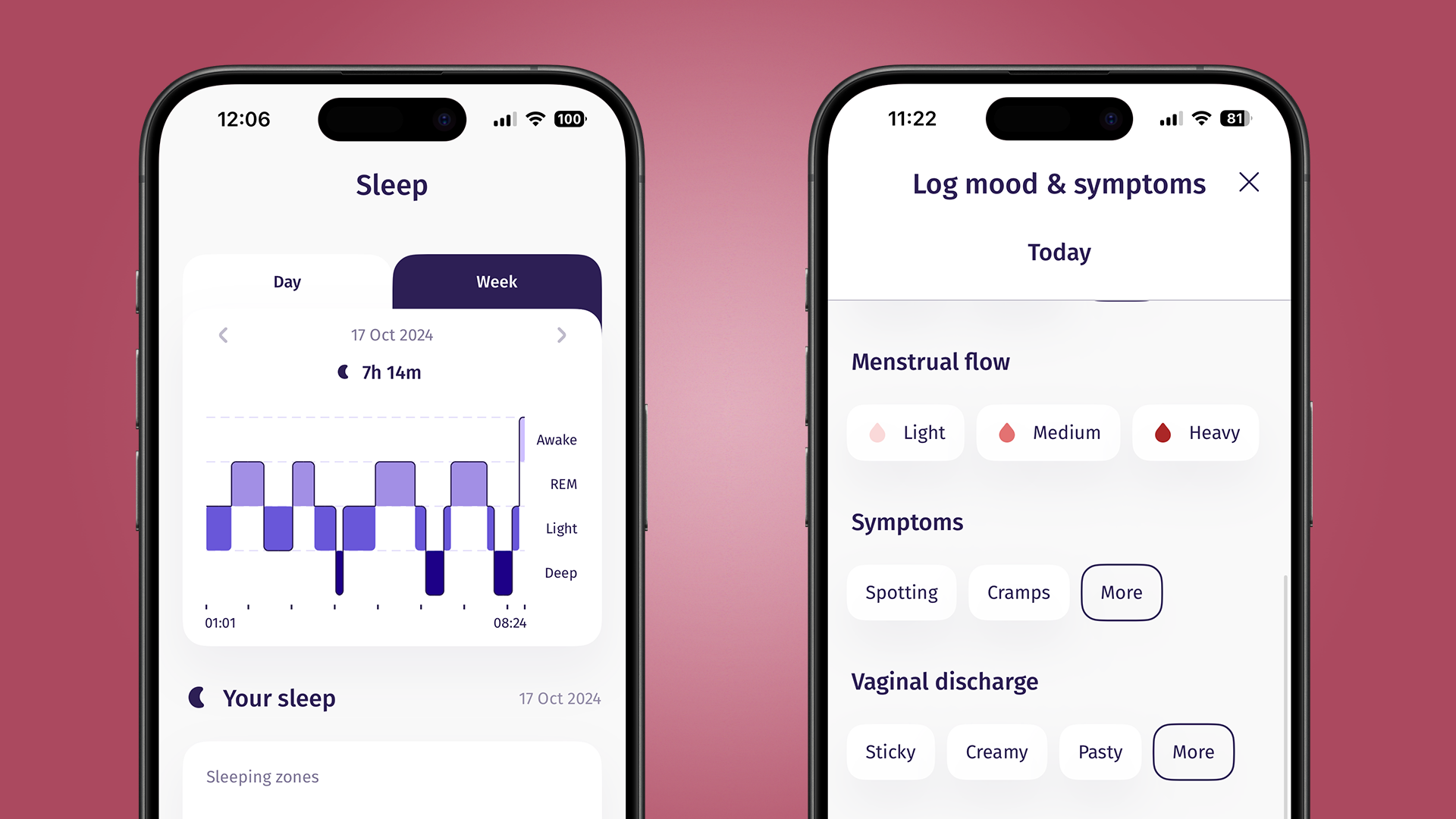 Print screens of the sleep tracking and period tracking features in the Evie app