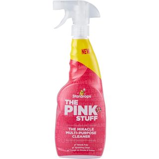 Side-on view of the Stardrops the Pink Stuff Miracle Multi-Purpose Cleaner pink spray bottle with white lid