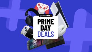 PS5, Nintendo Switch, and PC accessories on a blue background with Prime Day deals badge