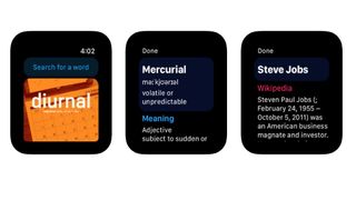 Tre skjermbilder fra appen LookUp for Apple Watch