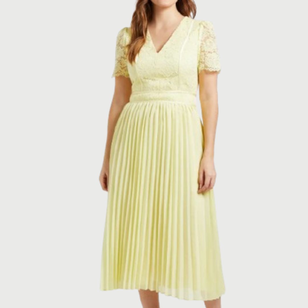 Wallis Yellow Lace Pleated Midi Dress