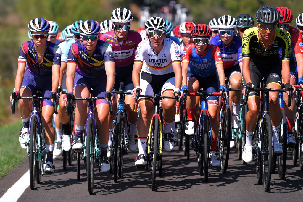 Lisa Brennaur leads the peloton during stage 2 at Giro Rosa