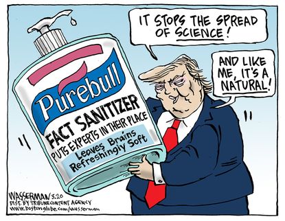 Political Cartoon U.S. Purebull hand sanitizer Trump coronavirus stops science