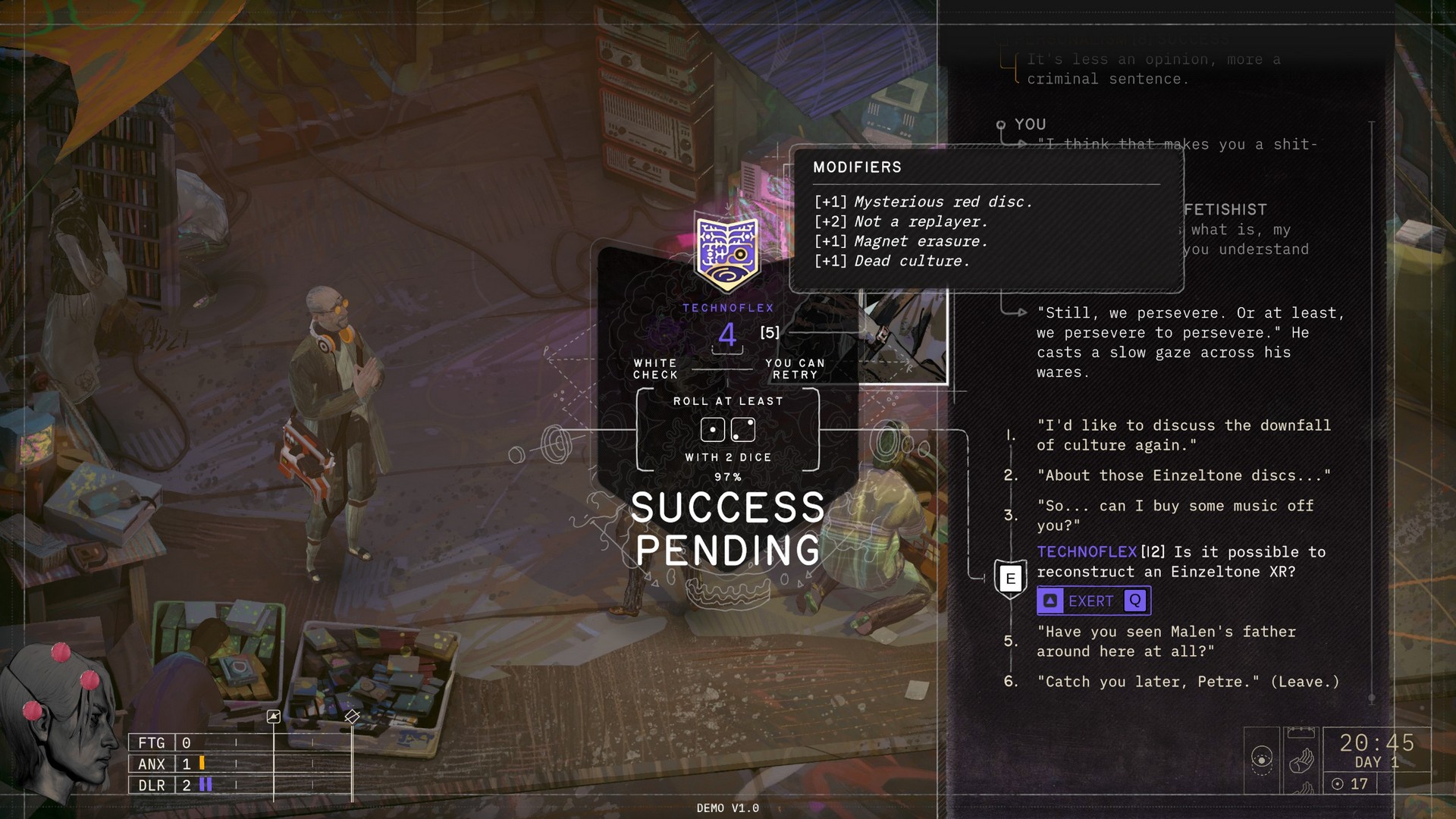 Using Technoflex to ask about restoring a disc's information in Zero Parades: For Dead Spies