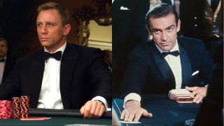 Daniel Craig at the card table in Casino Royale and Sean Connery at the card table in Dr. No, pictured side by side.