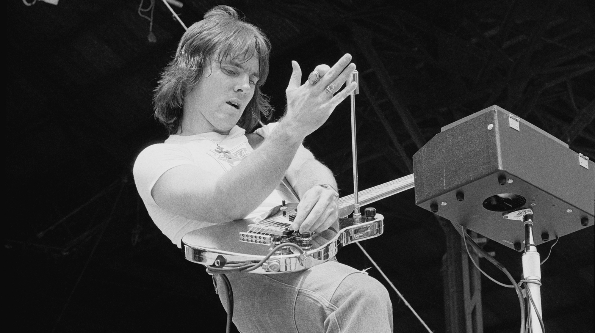 Ronnie Montrose performing with Montrose at the Summer of '74 one-day festival, held at Charlton Athletic's football ground, The Valley, London, 18th May 1974.