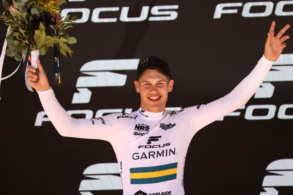 ADELAIDE, AUSTRALIA - JANUARY 22: Luke Plapp of Team Garmin Australia wins the Young rider jersey after the Men's Bike Exchange Stage 2 from Birdwood to Lobethal of the Santos Festival of Cycling on January 22, 2021 in Adelaide, Australia. (Photo by Peter Mundy/Getty Images)