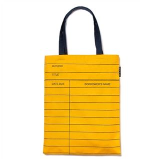 yellow printed library card bag with black handle