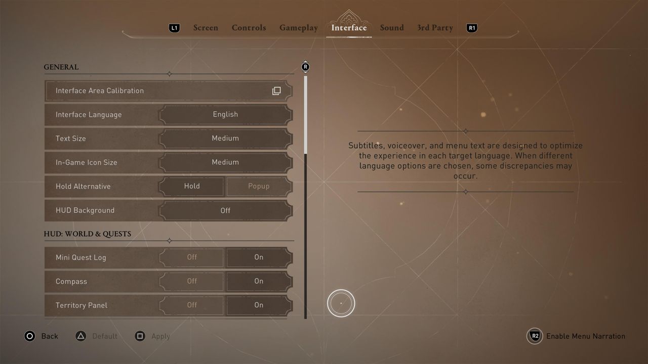 Screenshots of menus from Assassin's Creed Mirage