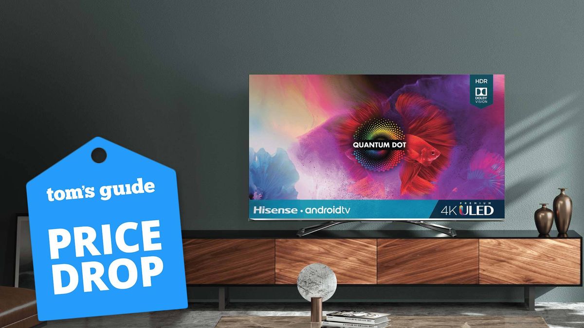 Hisense H9G 4K TV on a stand with a Tom&#039;s Guide deal tag