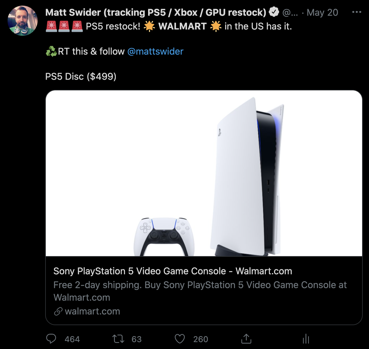 PS5 restock Walmart Twitter alert from Matt Swider