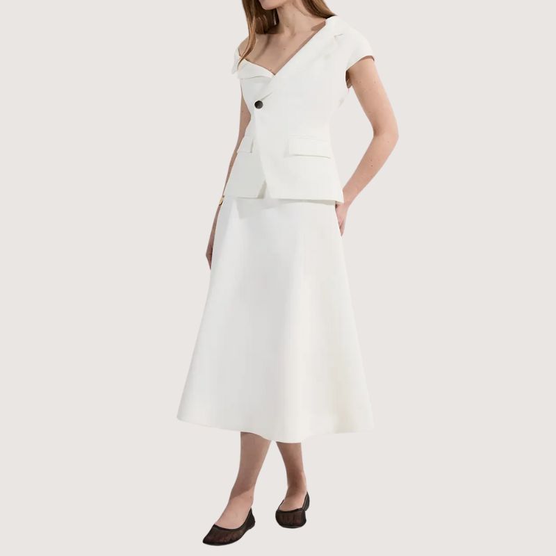 Clean Tailored Asymmetric Collar Belted Full Skirted Tailored Midi Dress on model
