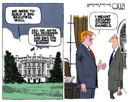 Political cartoon U.S. Trump border wall Stormy Daniels affair allegations