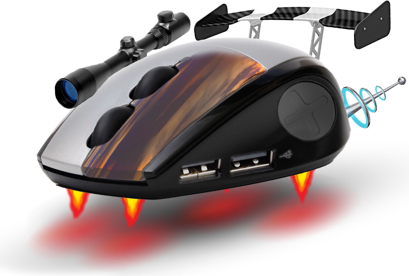 Die Maus der Zukunft, komplett mit Düsen, Zielfernrohr und USB-Anschlüssen