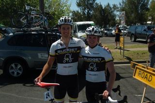 Luke Davison and Brian Mcleod at the finish of the Grafton to Inverell Cycle Classic. Mcleod was 3rd, while Davison edged Lachlan Morton for 5th.