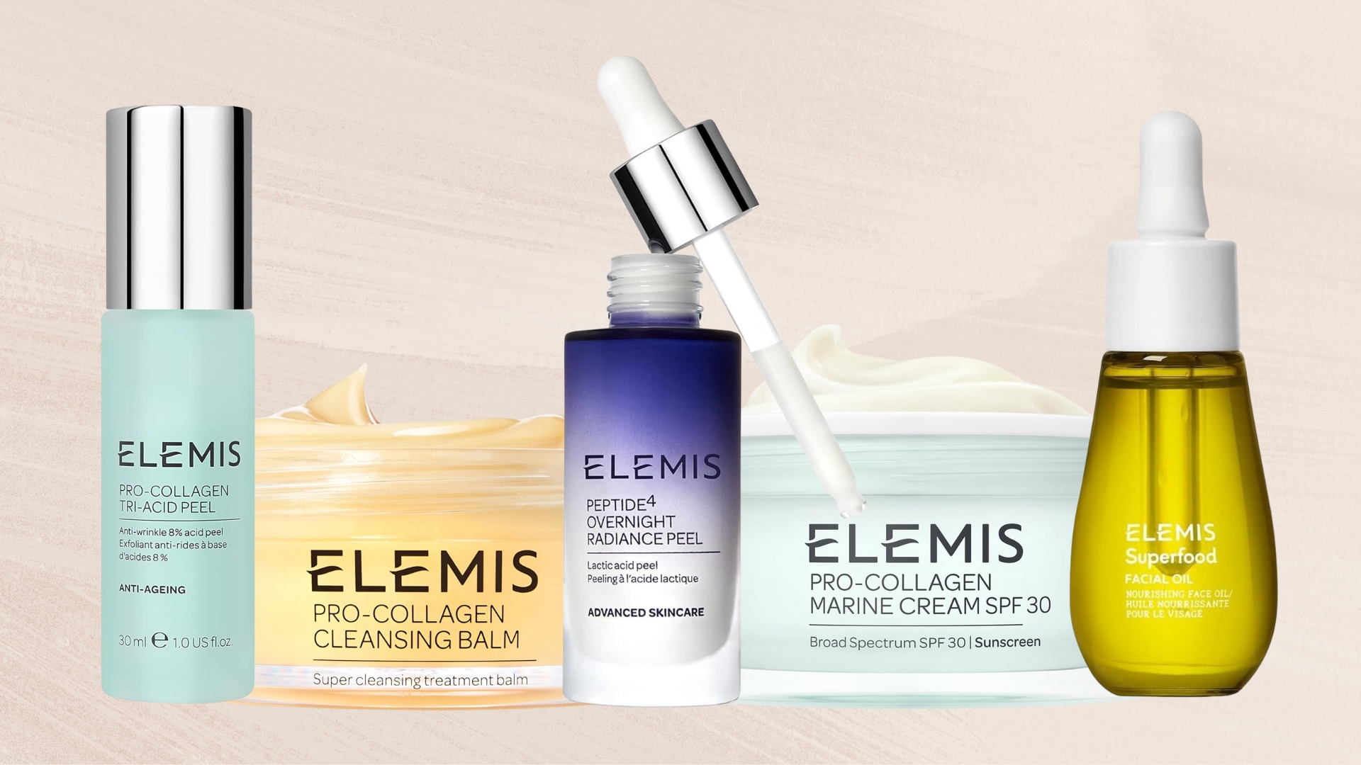 Collage of ELEMIS products on a neutral background (L-R) Pro-Collagen Tri-Acid Peel, Pro-Collagen Cleansing Balm, Peptide4 Overnight Radiance Peel, Pro-Collagen Marine Cream SPF30 and Superfood Facial Oil