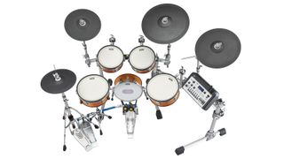 Top down shot of the Yamaha DTX10K-X electronic drum set ona white background