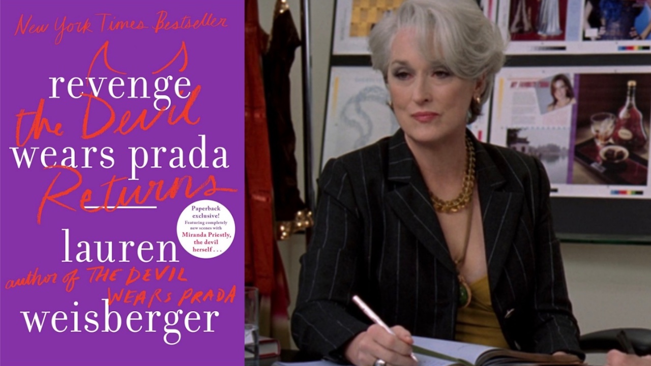 Revenge Wears Prada book next to Meryl Streep&#039;s Miranda Priestley in Devil Wears Prada