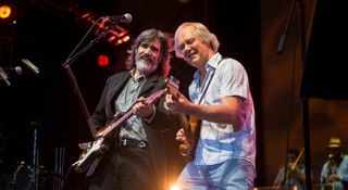 At the 2016 performance celebrating 40 years of The Last Waltz, Larry Campbell and Jim Weider of the Band jam onstage, with Weider on his '52 Telecaster and Campbell on his Strat.